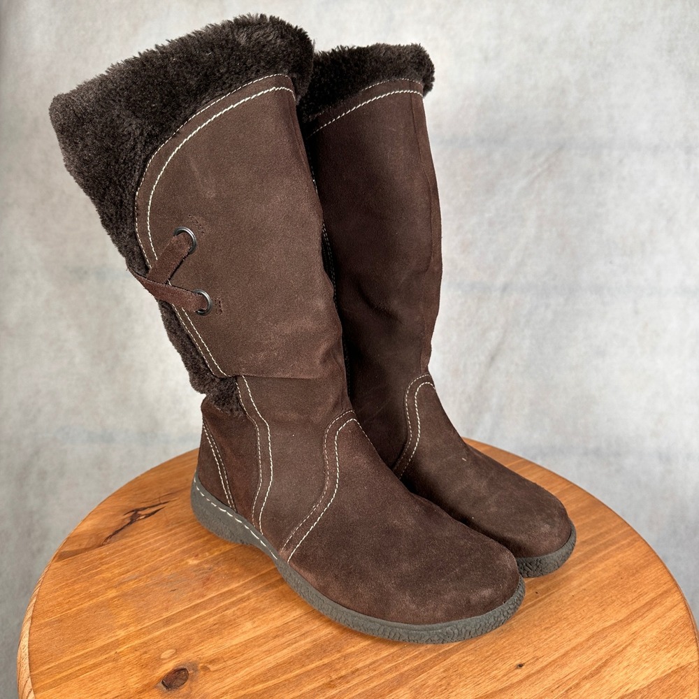 Wanderlust Winter Boots Women 7.5 Brown Good Suede Faux Fur Trim Side Zip - Picture 4 of 13